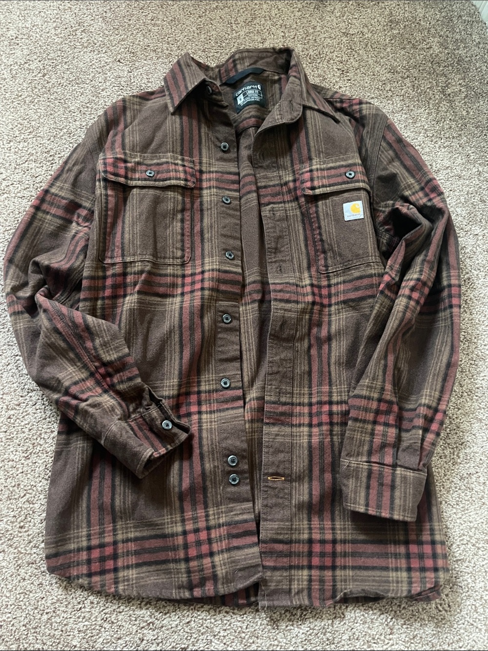 Carhartt Men's Brown and Rust Plaid Button-Up Work Shirt